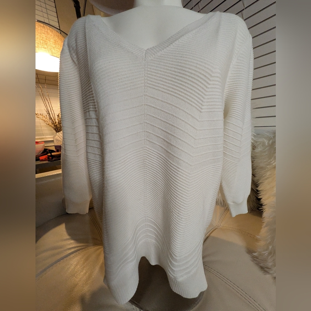 Marled Womens V-Neck Sweater Size L Ivory Long 3/4 Sleeve Pullover